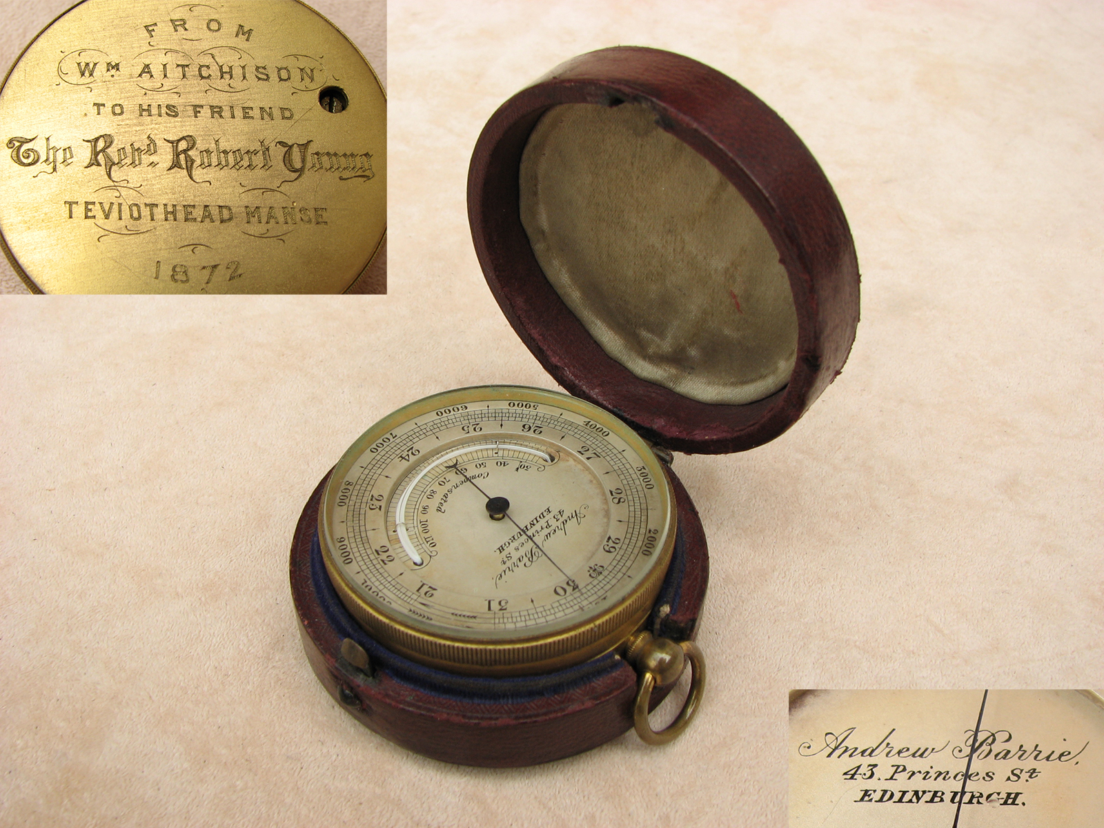 Antique pocket barometer owned by Rev'd Robert Young, dated 1872